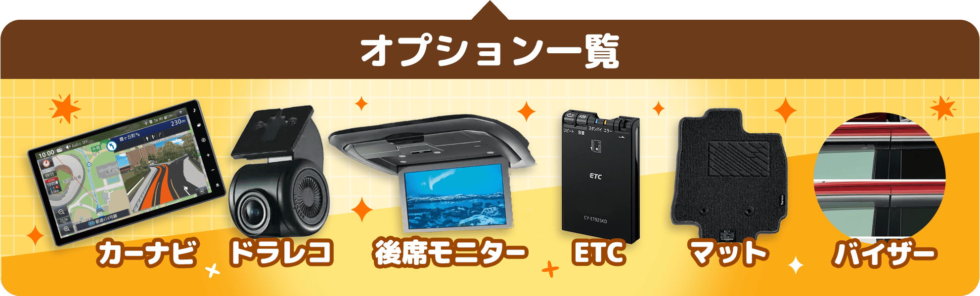 オプション一覧 カーナビ ドラレコ 後席モニター ETC マット バイザー